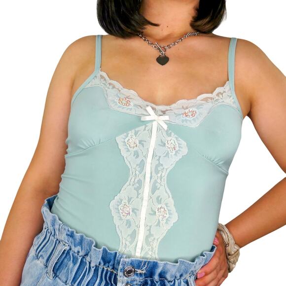 Vintage Tops - Y2k Rave Baby Blue Lace Cami Coquette Small Vintage Glam